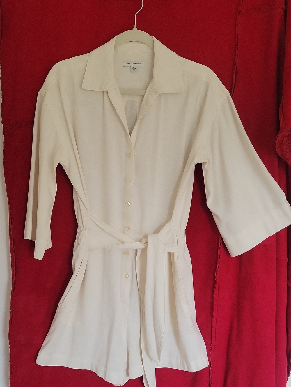 Light Cream Romper With pockets. Self Tie Waist